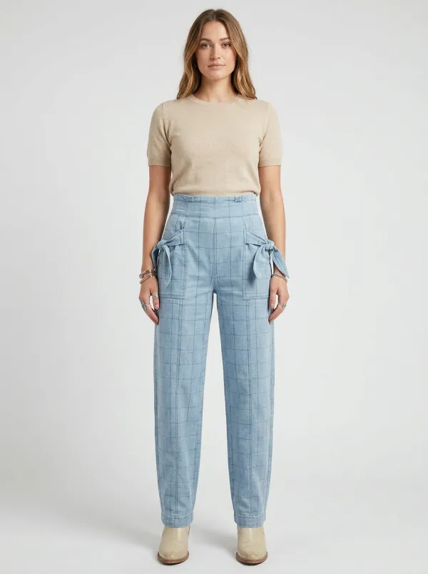 Women's Casual Fashion Plaid Pattern Tie-Waist Printed Trousers