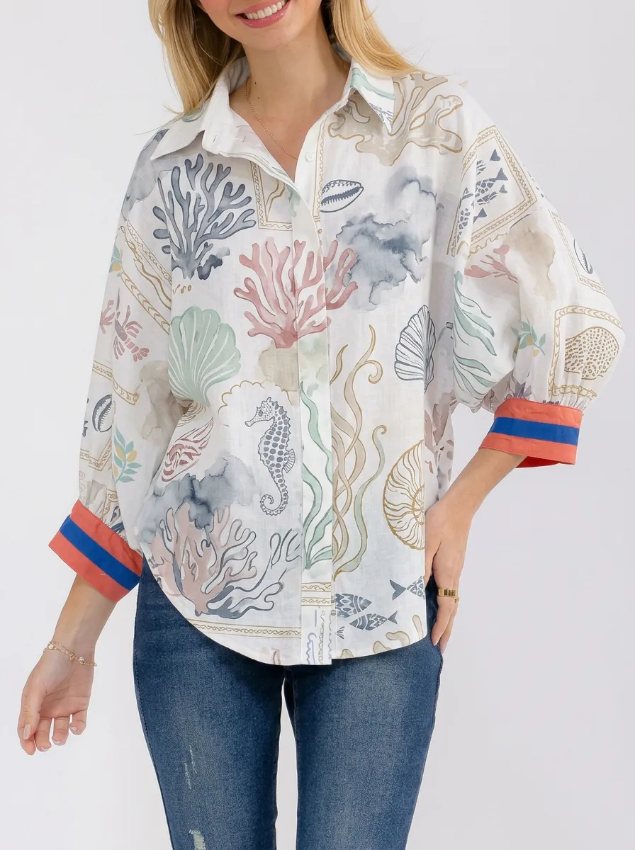 Women's Ocean Life Coral Seahorse Shell Printed Button-up Shirt