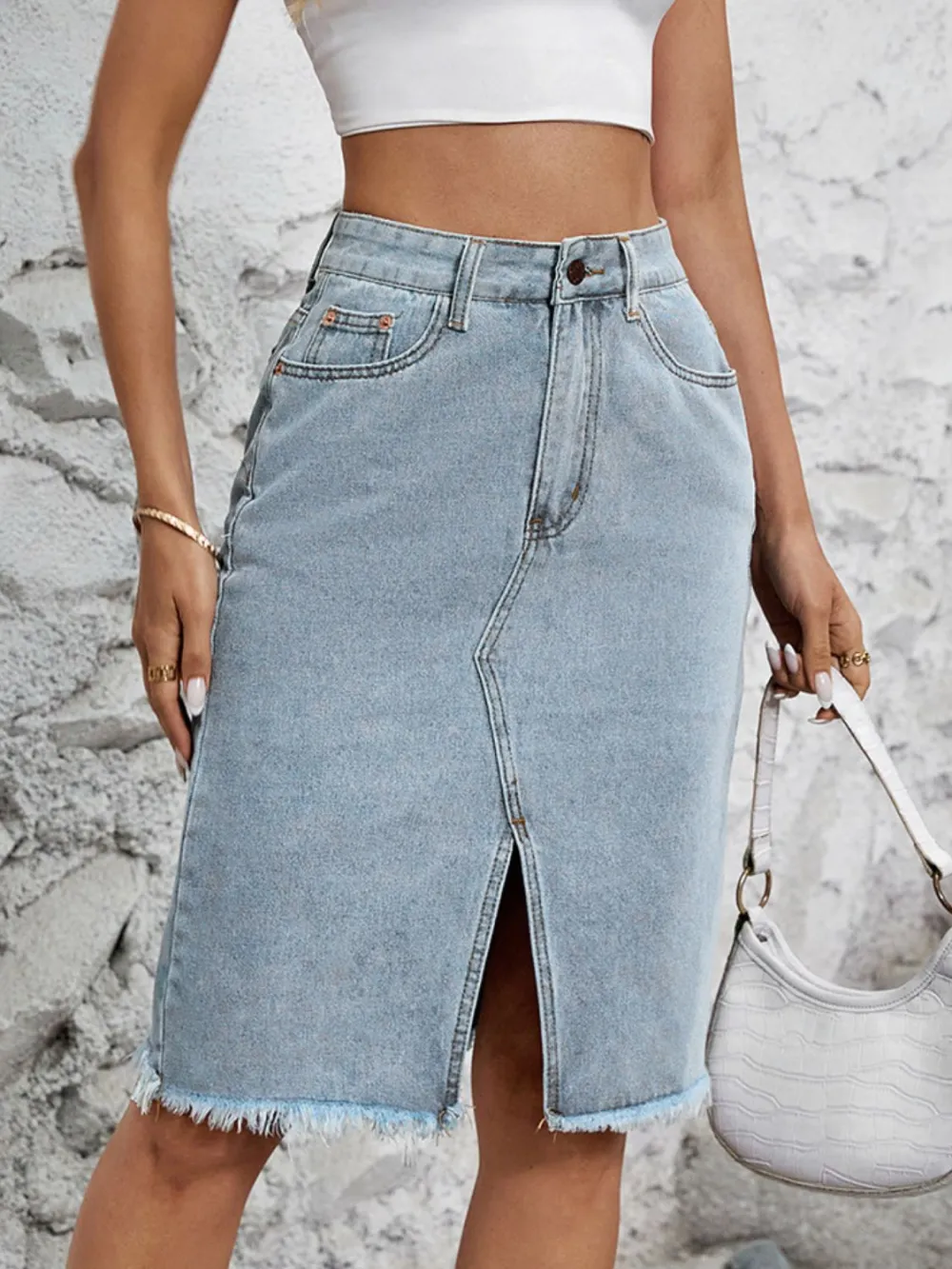 Balanced Button Front Denim Silhouette Skirt