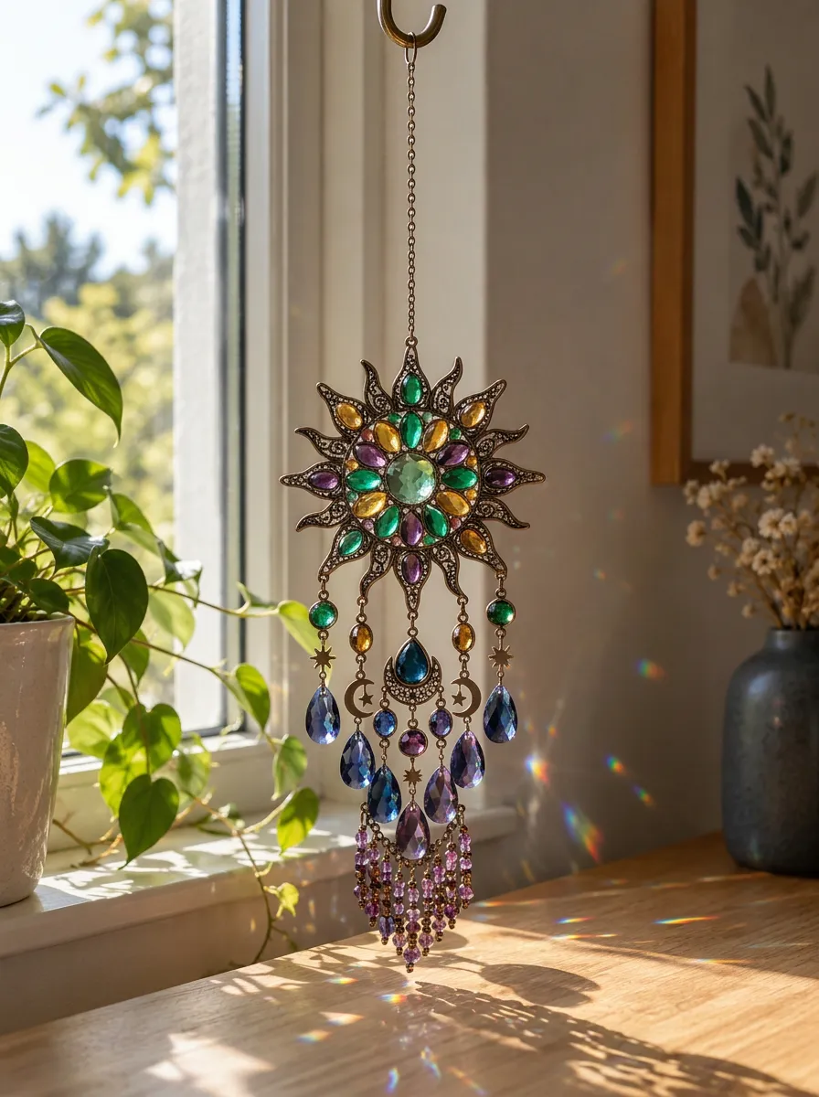 Celestial Sun Moon Crystal Gemstone Hanging Suncatcher