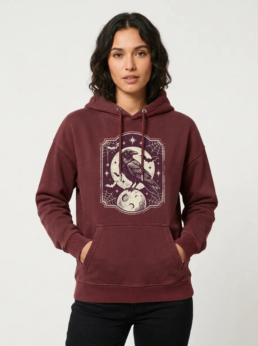 Women's Halloween Gothic Raven Moon Bats Printed Hoodie
