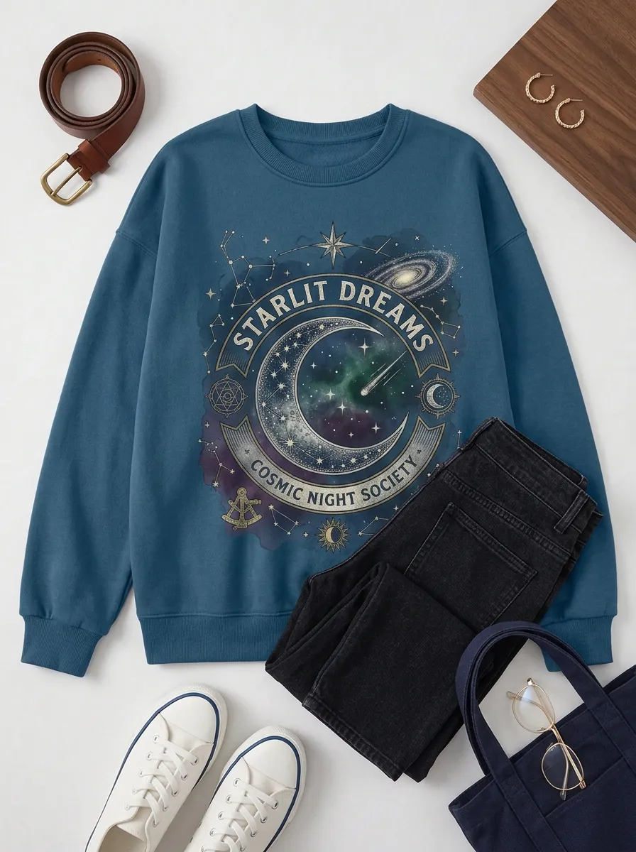 Women's Starlit Dreams Cosmic Night Society Moon Stars Printed T-shirt