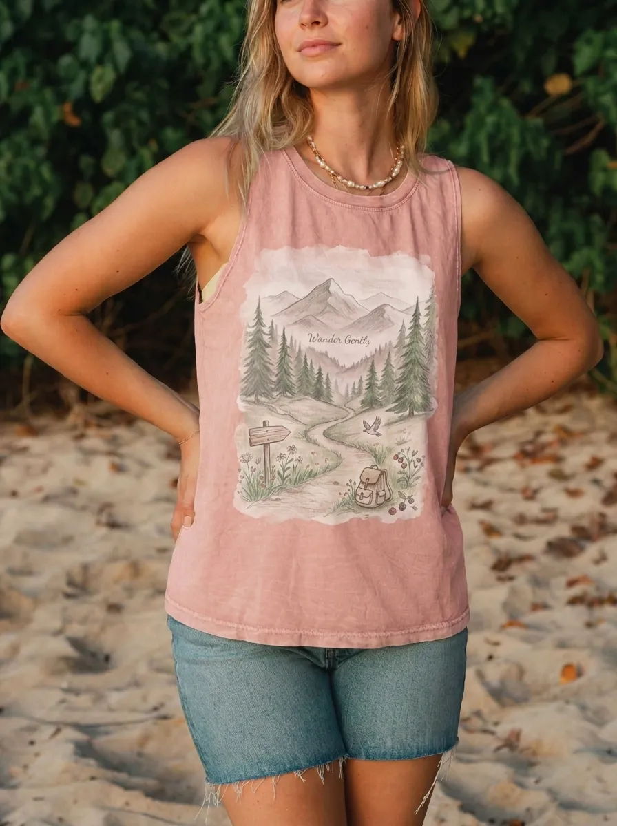 Women's Nature Lover Wander Gently Mountain Forest Printed Tank Top