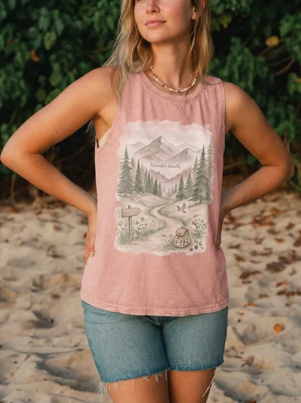 Women's Nature Lover Wander Gently Mountain Forest Printed Tank Top