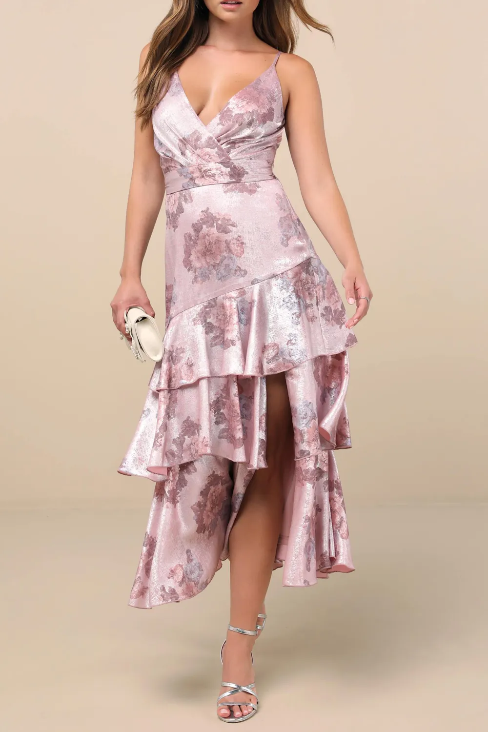 Floral Satin Surplice Tiered Midi Dress