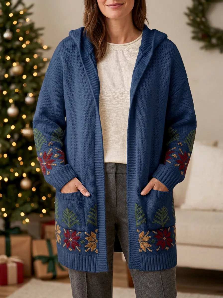 Christmas Holiday Snowflake Tree Pattern Print Hooded Cardigan