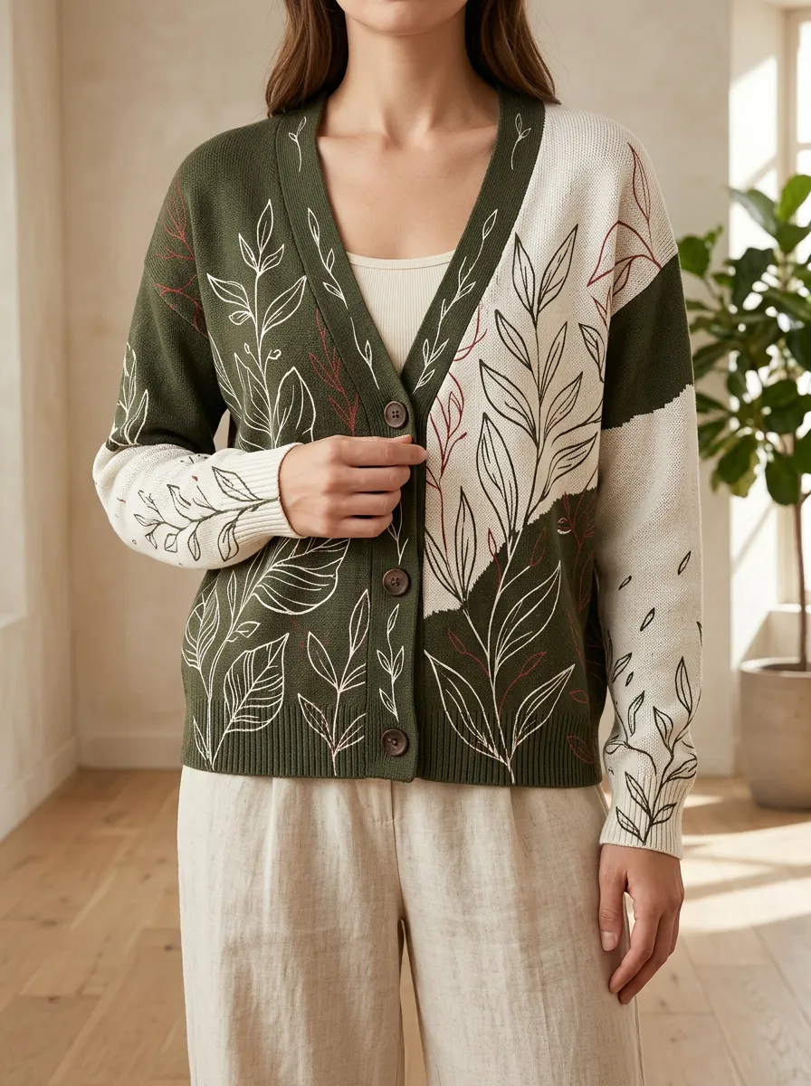 Women's Botanical Nature Lover Leaf Printed Textured Knit Modern Layering Cardigan
