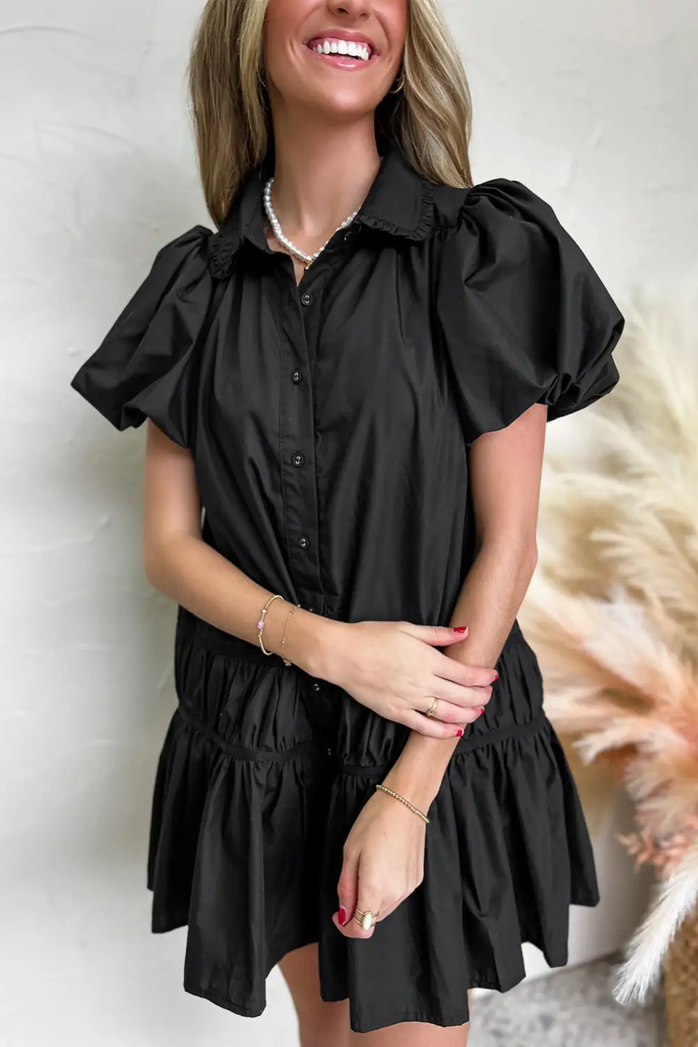 Ruffle Trim Button Front Puff Sleeve Mini Dress
