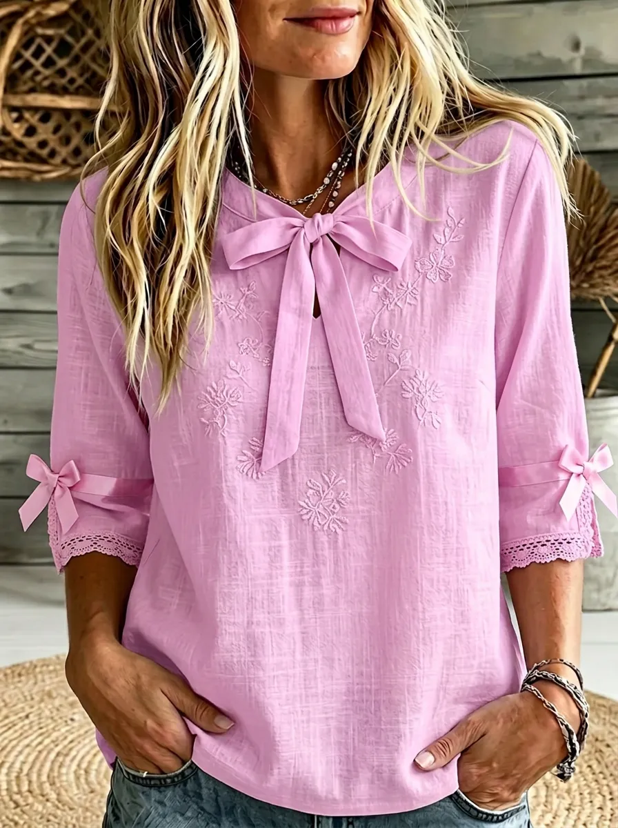 Women's Round Neck Bow-detail Lace-trim Blouse