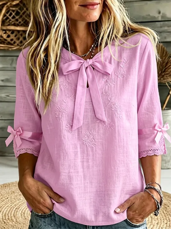 Women's Round Neck Bow-detail Lace-trim Blouse