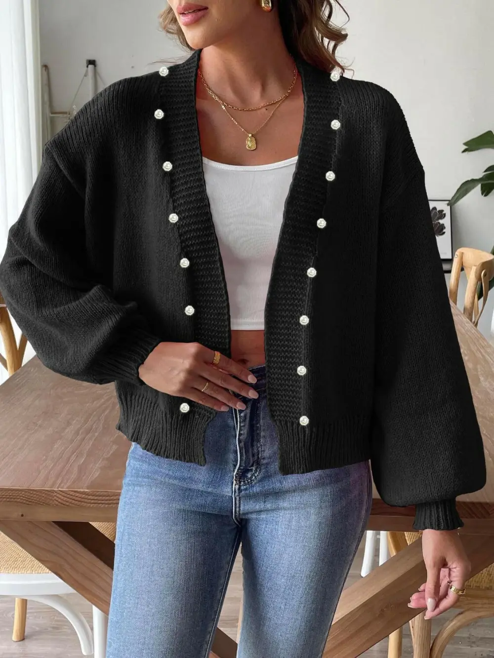 Pearl Detail Open Front Cardigan