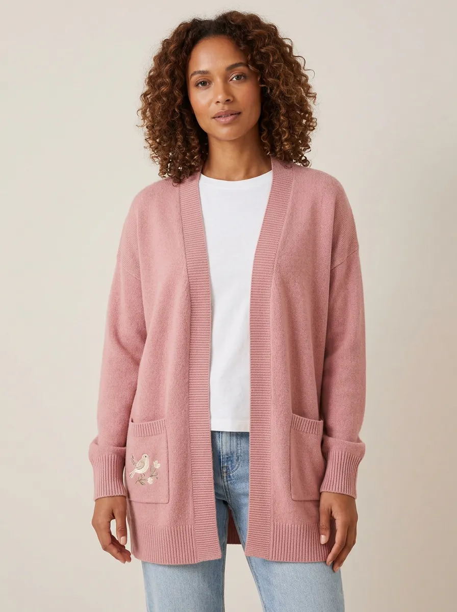 Pink Bird Floral Embroidered Cardigan