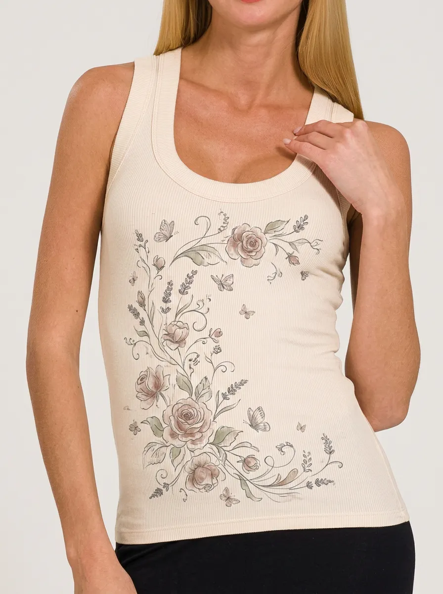 Women's Floral Butterfly Aesthetic Rose Printed Ribbed Tank Top