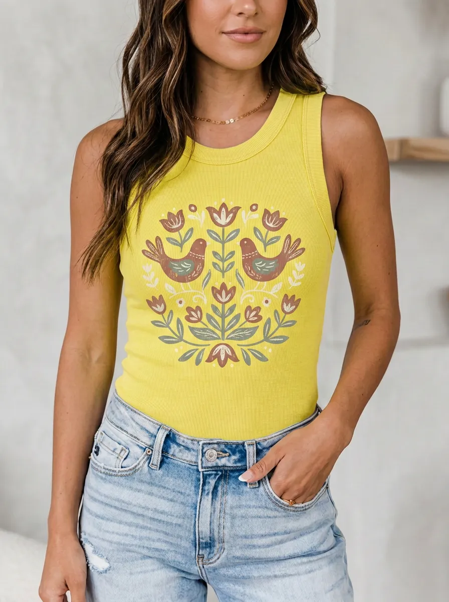Nature Lover Bird Floral Printed Tank Top