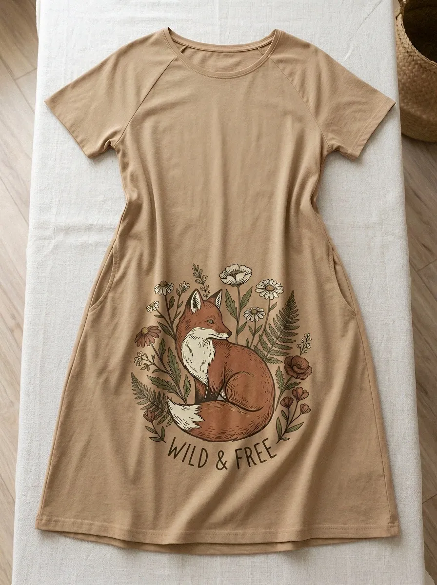 Nature Lover Wild Fox Floral T-Shirt Dress