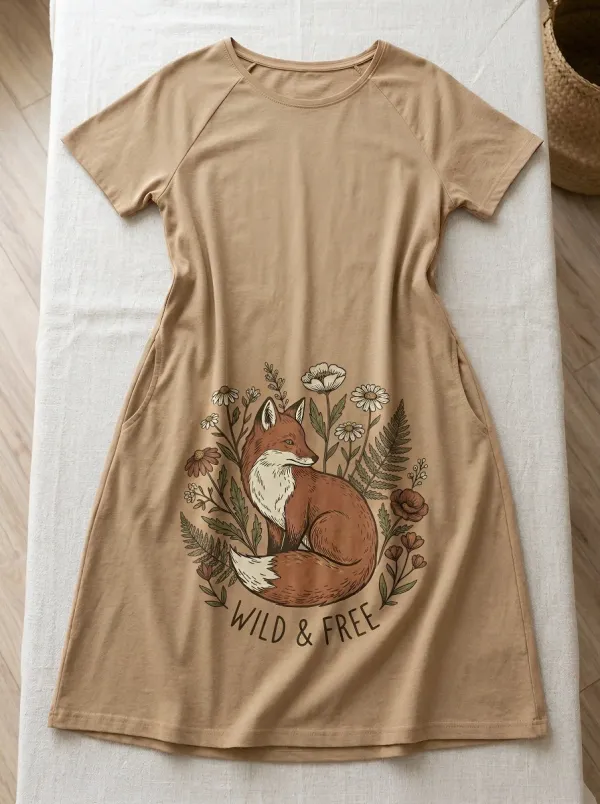 Nature Lover Wild Fox Floral T-Shirt Dress