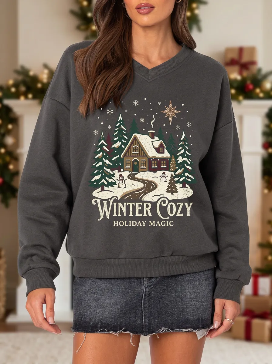 Christmas Winter Cozy Cabin Snowman Print Sweatshirt