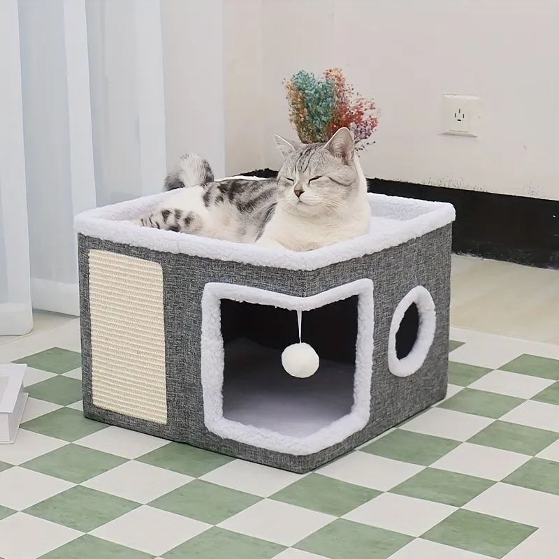 Multi-Functional Cat Condo with Scratching Post and Toy, Cat Furniture for Play and Rest