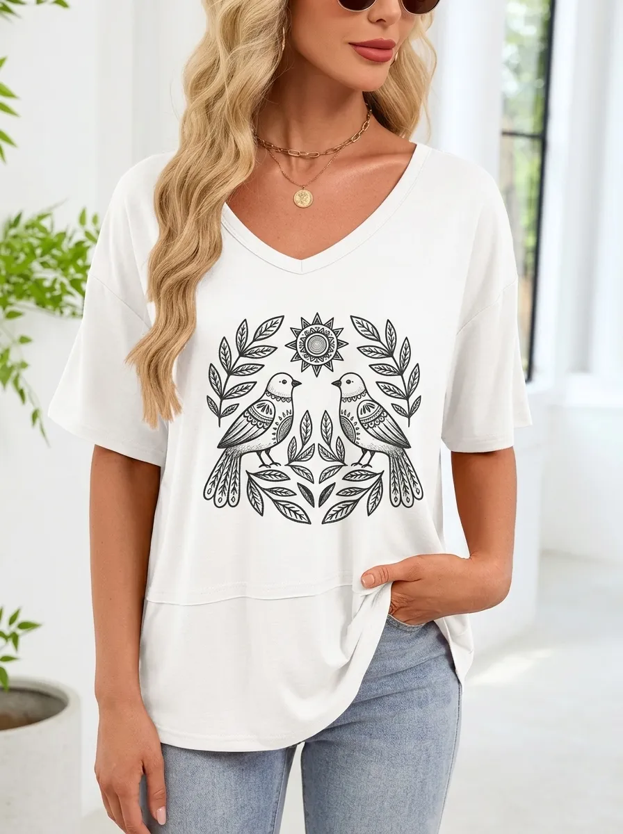 Women's Nature Lover Bird Sun Leaves Printed T-shirt