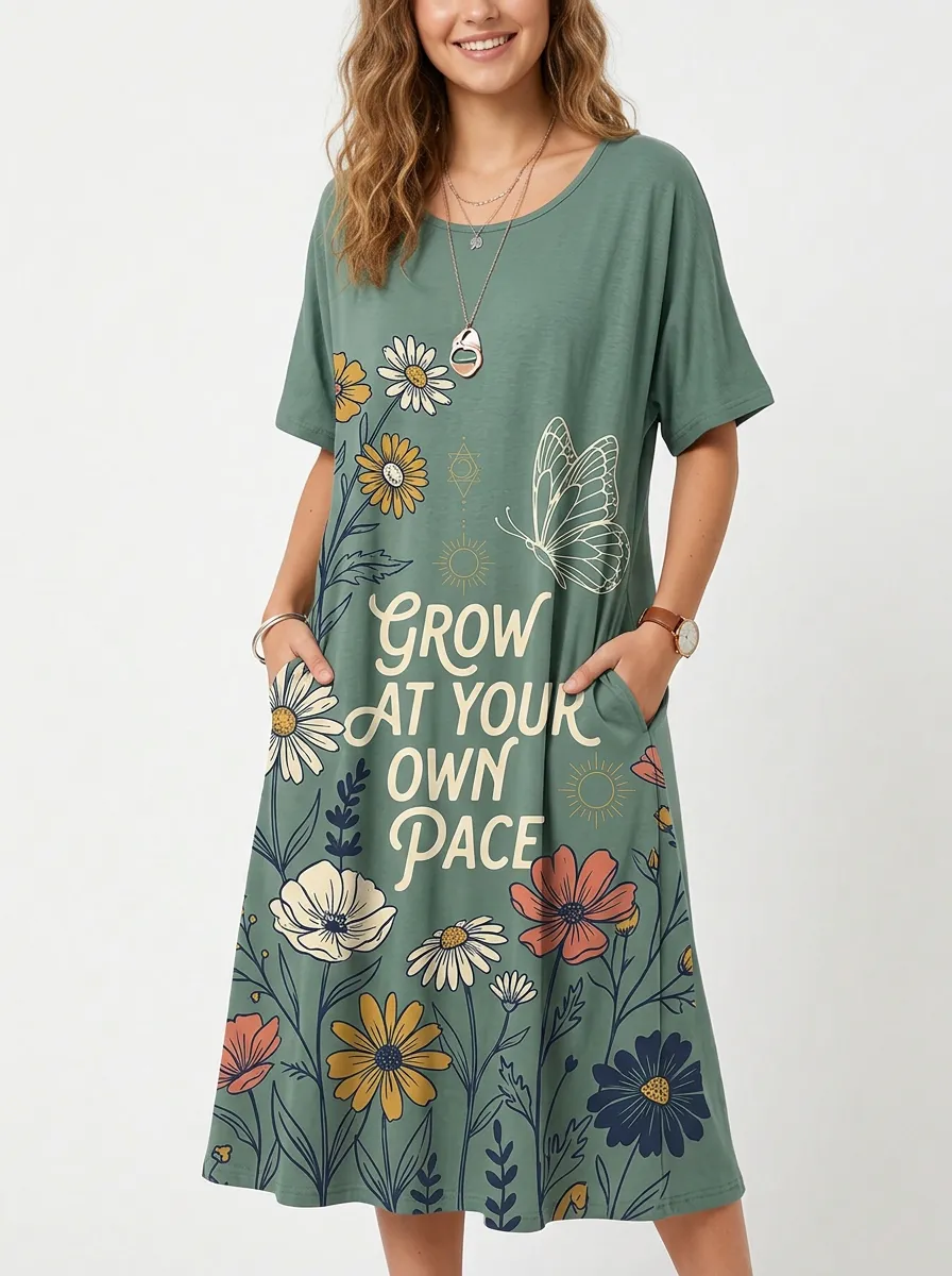 Floral Butterfly Quote Casual T-Shirt Dress