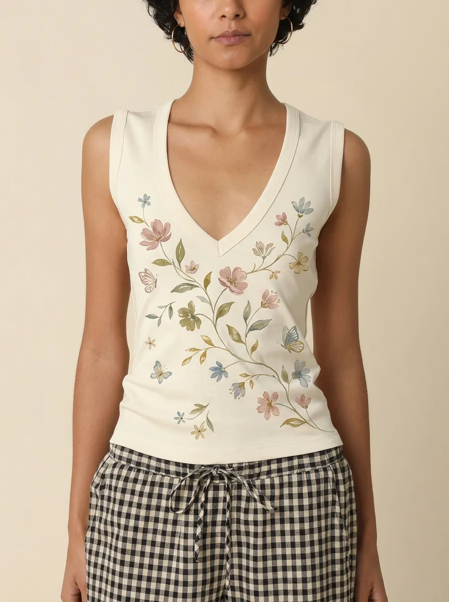 Women's Floral Butterfly Nature Lover Printed V-neck Tank Top