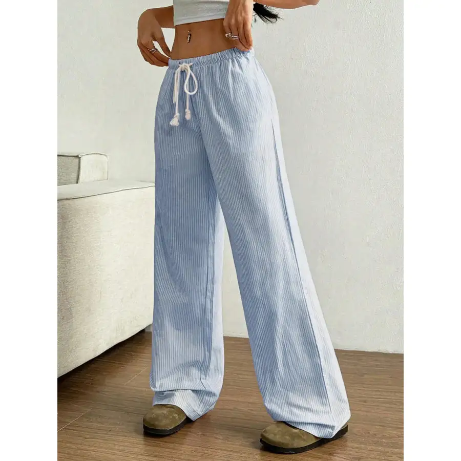 Drawstring Striped Wide Leg Pants