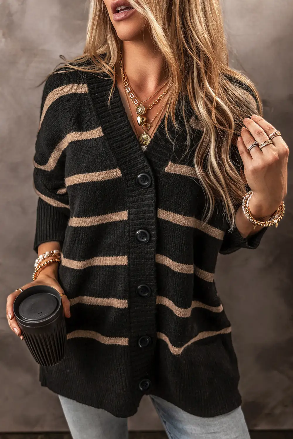 Easy Layer Striped Button Front V Neck Cardigan