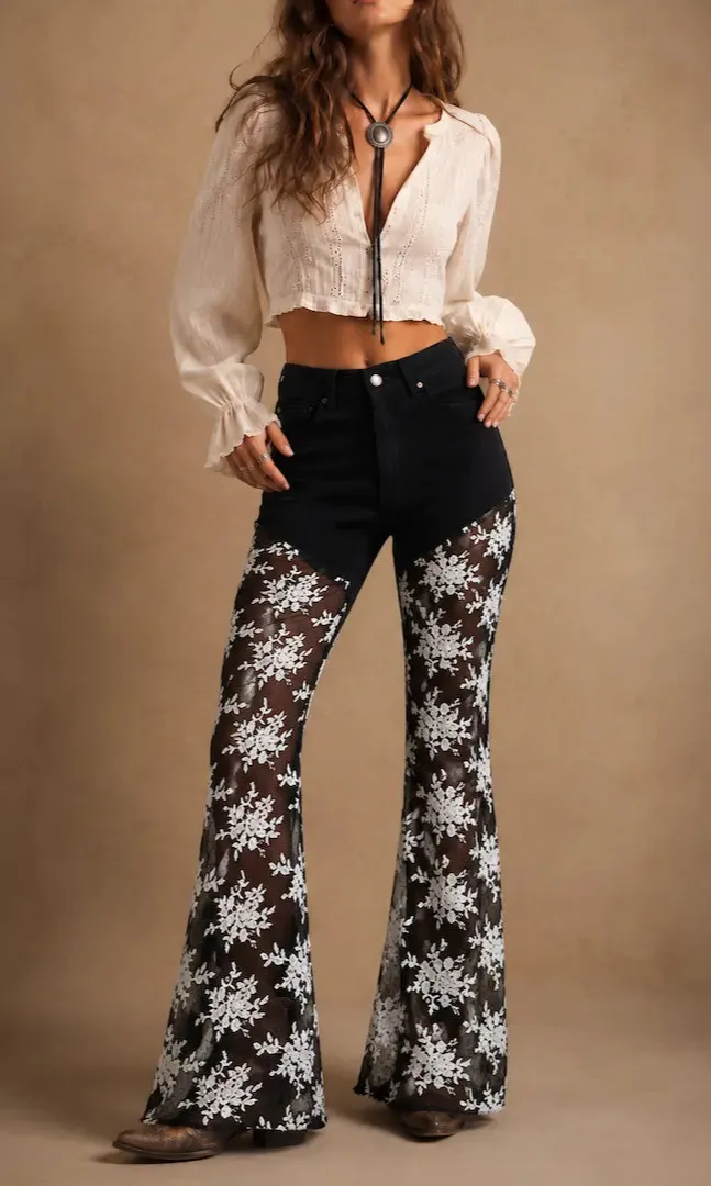 Lace Detail Bell Bottom Western Style Denim Jeans