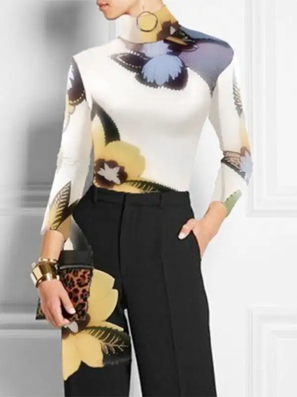 Long Sleeve Slim Fit Floral Print High Neck T-Shirt