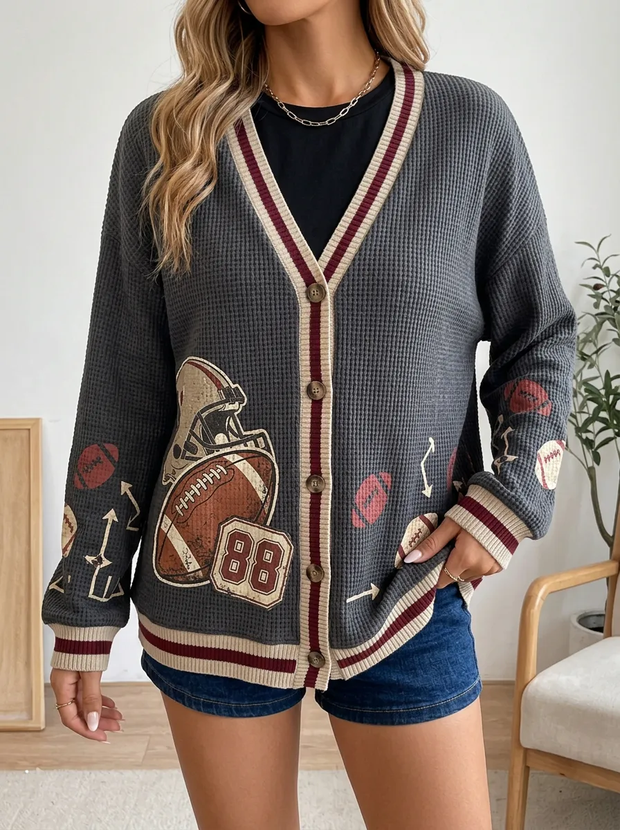 Women's Heritage Football Fan Helmet Ball Printed Waffle Knit Cardigan