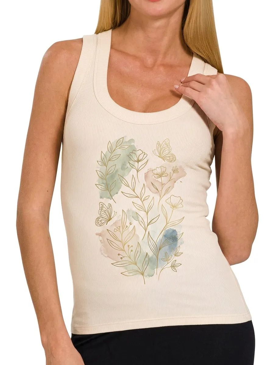 Women's Botanical Butterfly Watercolor Printed Ribbed Tank Top