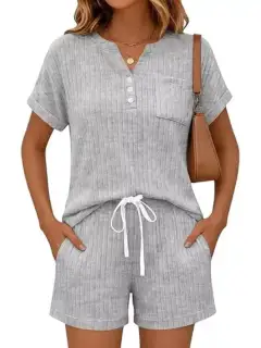 Drawstring Pocketed Ribbed Tee and Shorts Matching Set