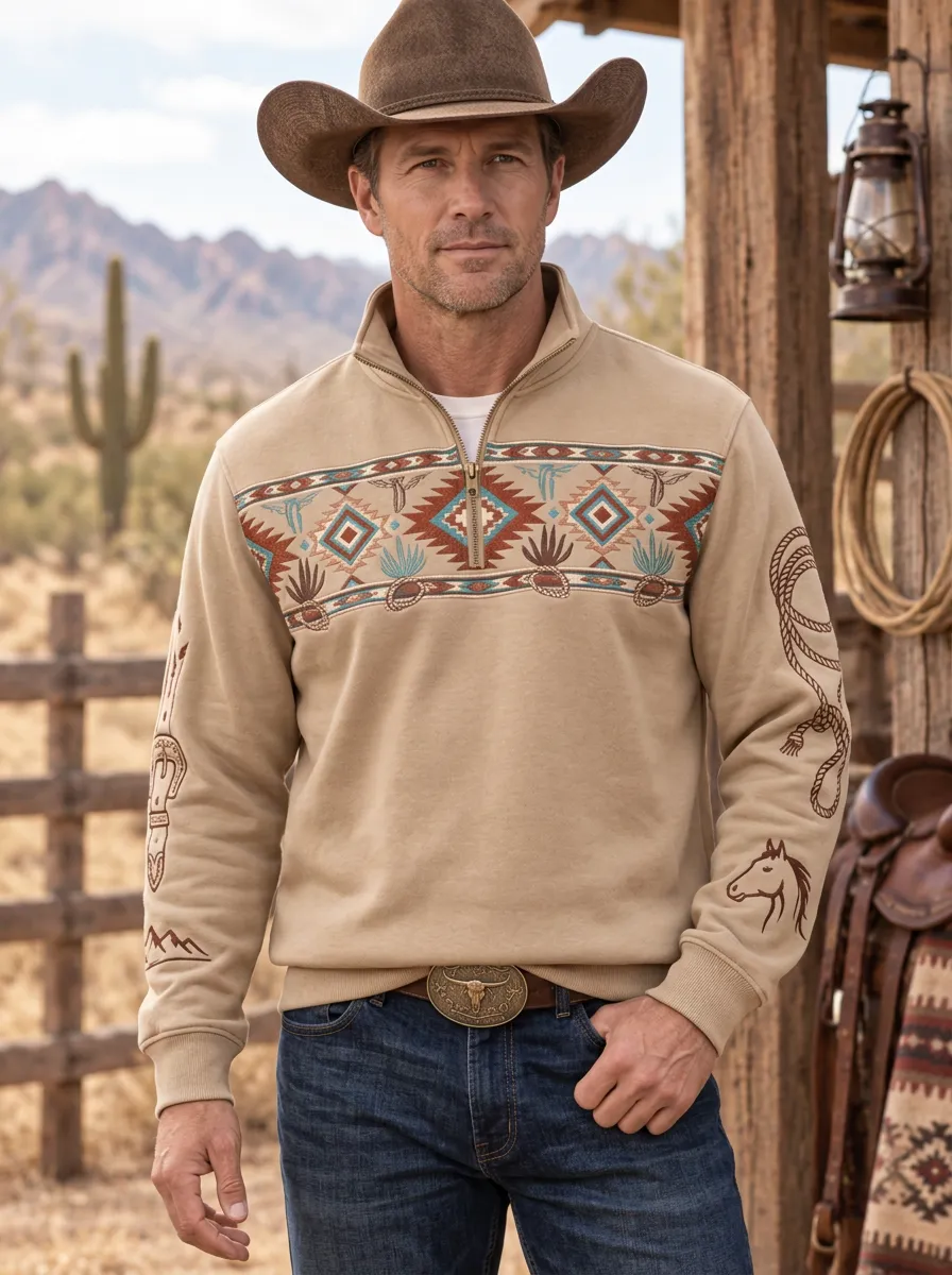 Men's Western Cowboy Southwestern Geometric Half-Zip Sweatshirt