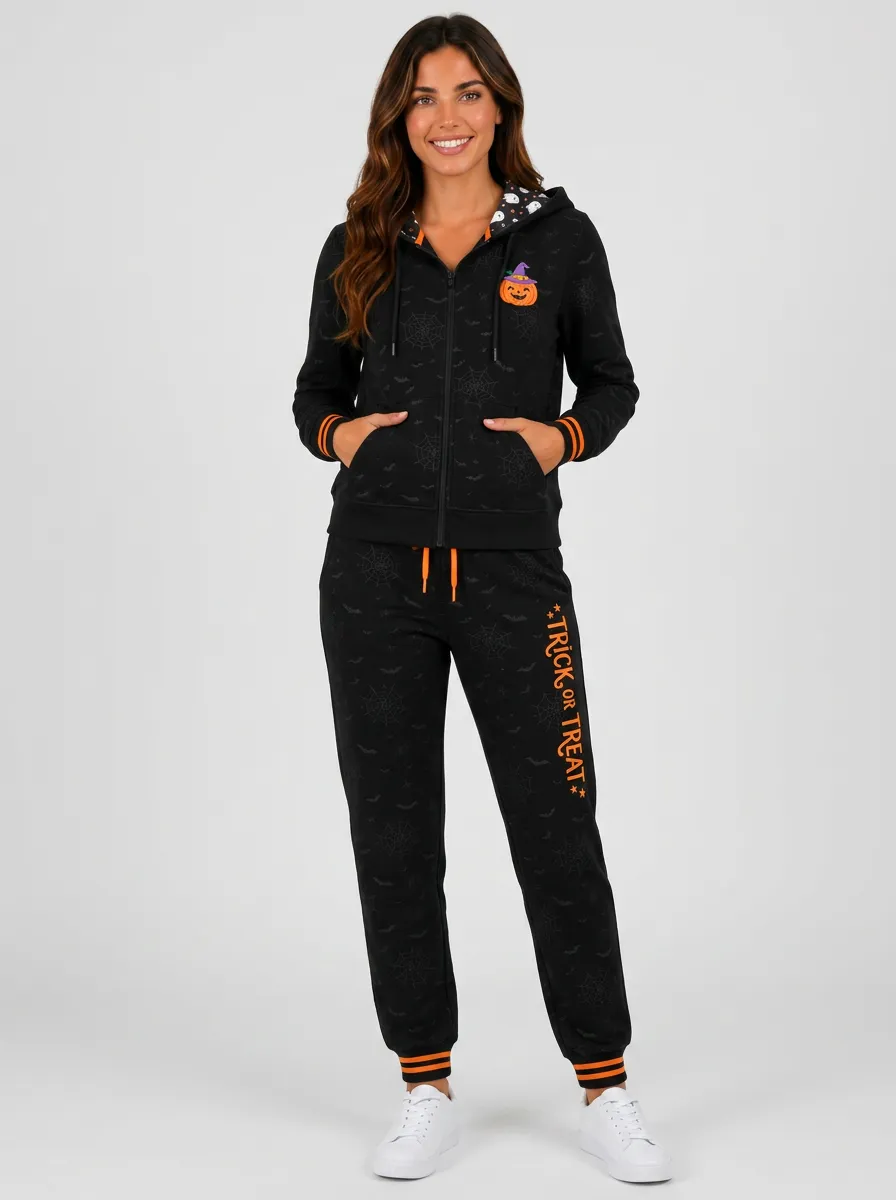 Women's Halloween Pumpkin Spiderweb Trick or Treat Printed Tracksuit