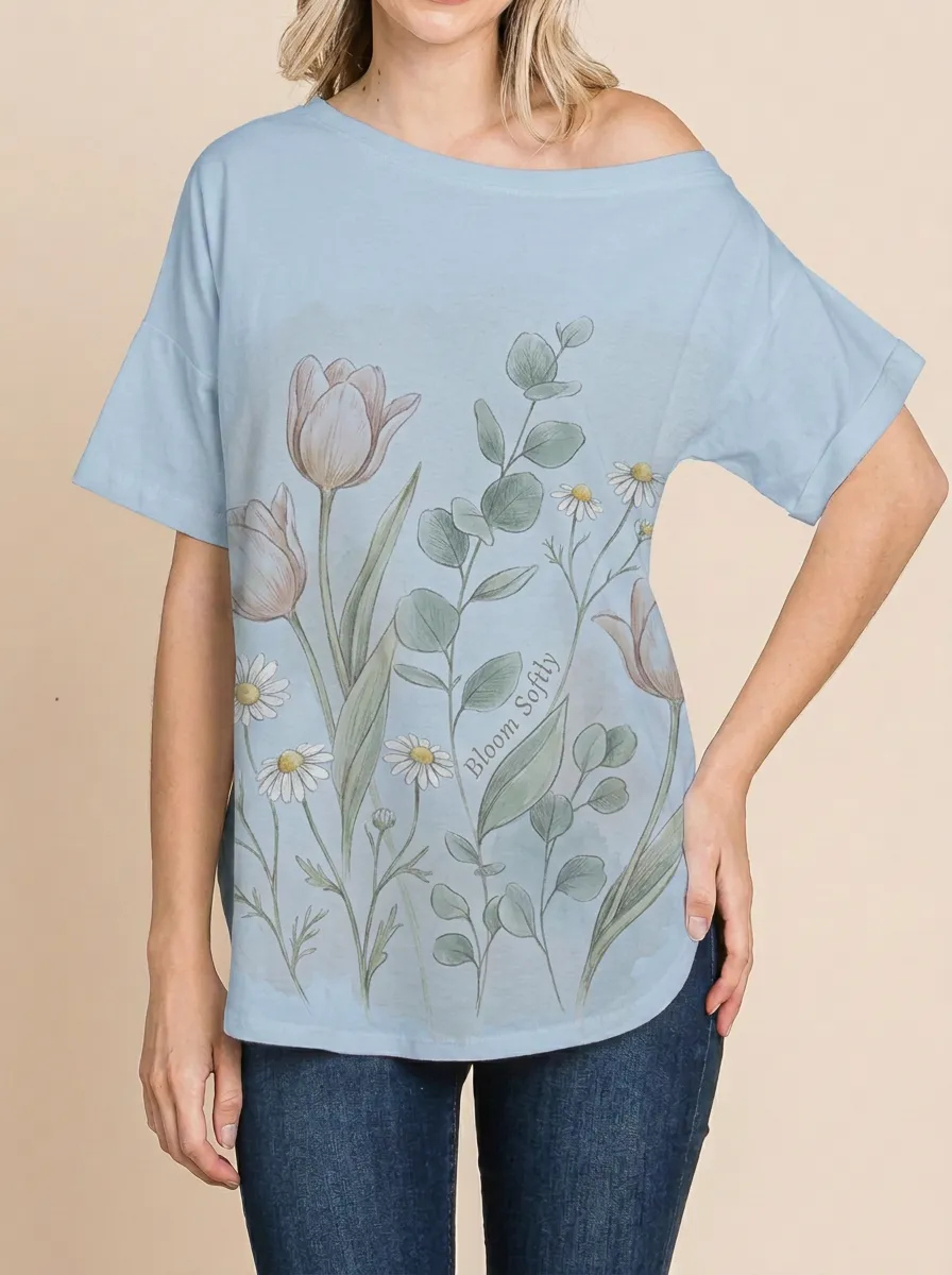 Women's Floral Lover Watercolor Tulip Daisy Printed T-shirt