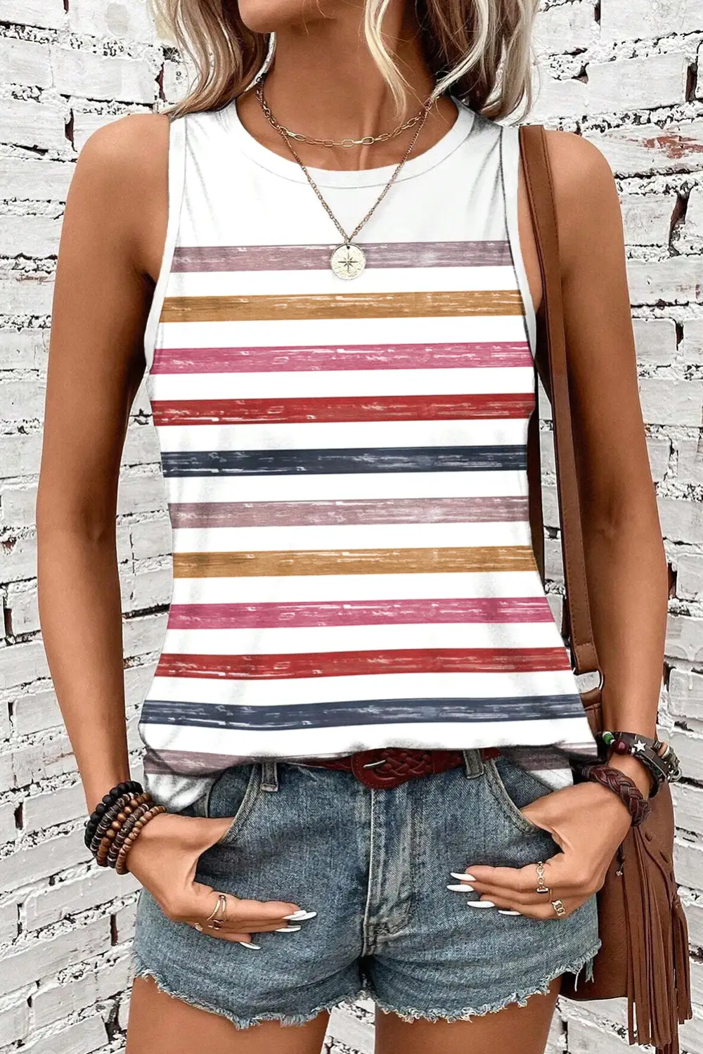 Stripe Rainbow Round Neck Tank Top