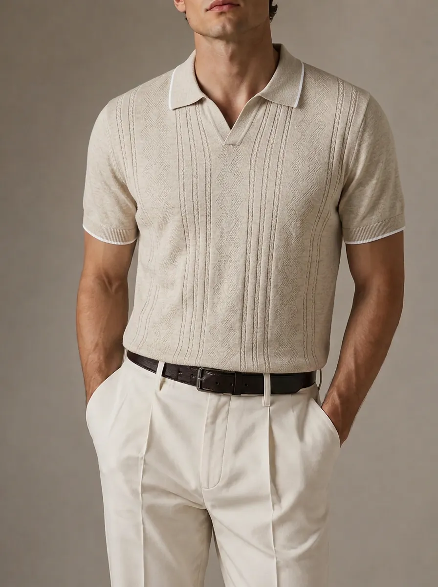 Men's Vintage Casual Beige Cable Knit Patterned Polo Shirt
