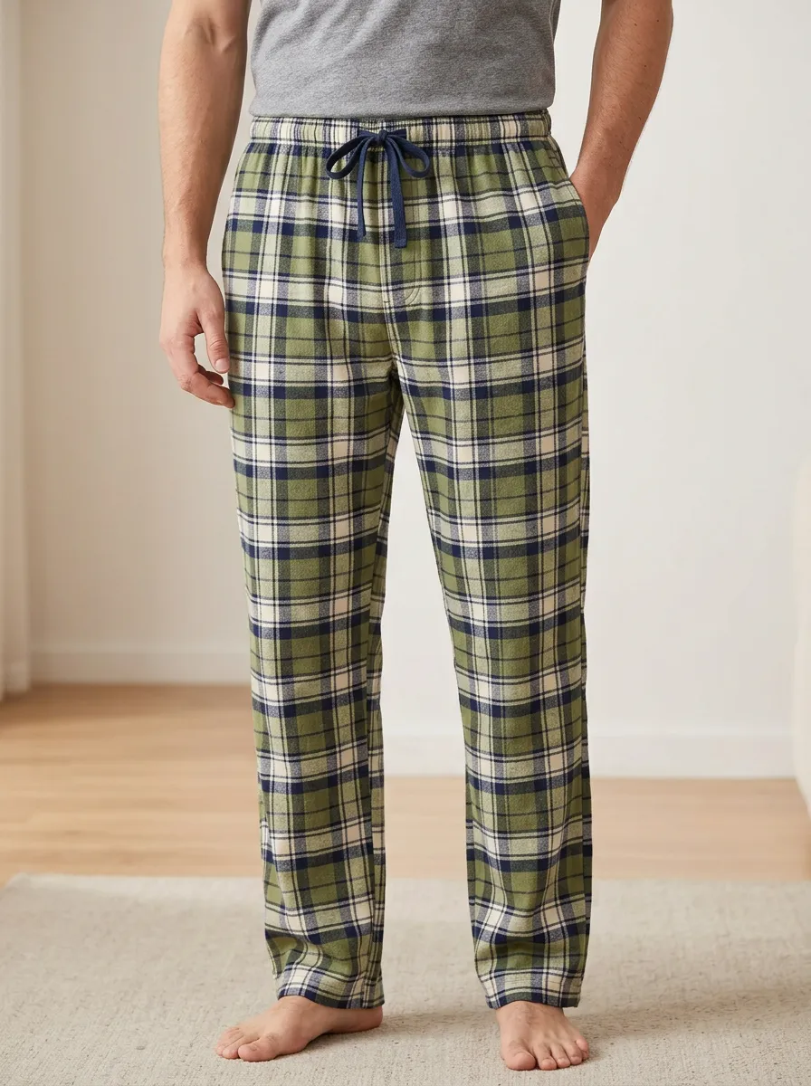 Men's Casual Lounge Green Plaid Pattern Printed Pajama Pants