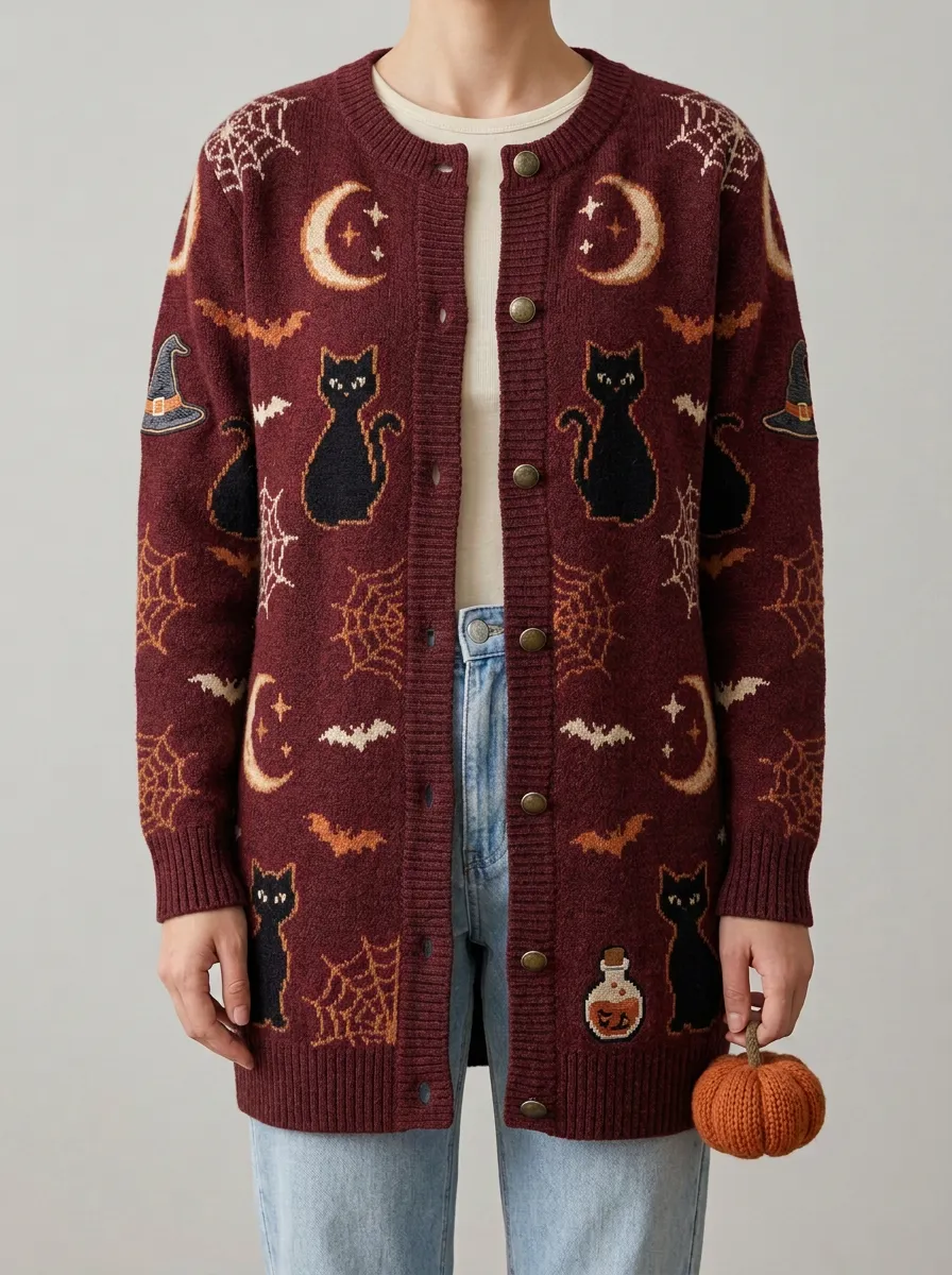 Women's Halloween Witch Cat Moon Spiderweb Printed Cardigan