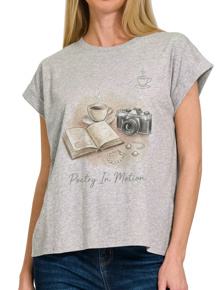 Women's Book Coffee Camera Poetry In Motion Printed T-shirt