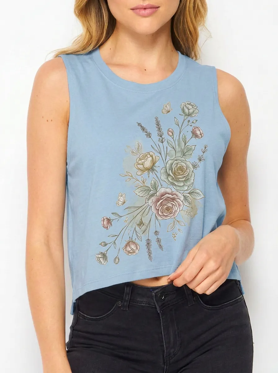 Women's Floral Lover Botanical Rose Butterfly Printed Tank Top