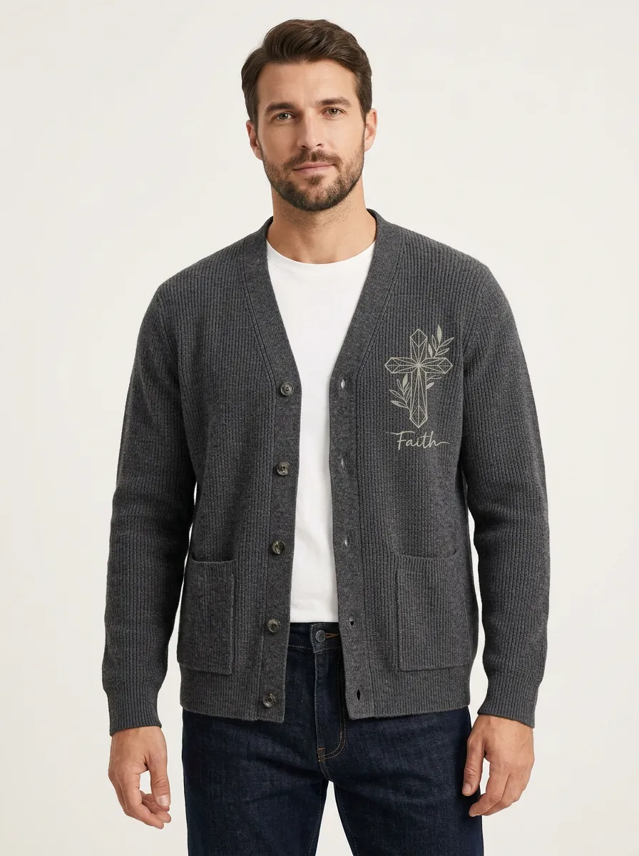 Men's Christian Faith Cross Floral Printed Cardigan