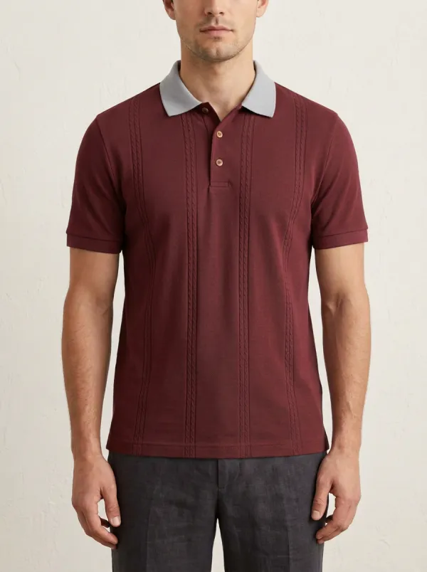 Men's Cable-Knit Ribbed Textured Running Polo Shirt