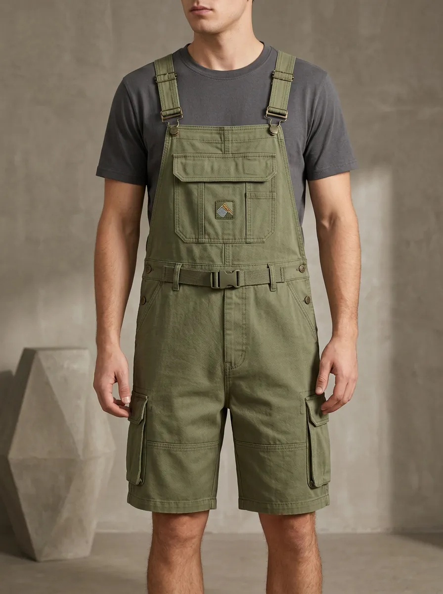 Men's Outdoor Adventure Olive Green Cargo Bib Overalls Shorts