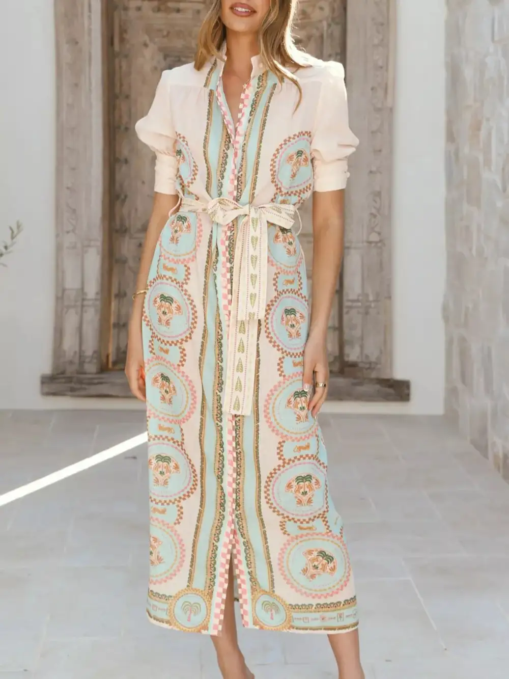 Refined Puff-Sleeve Printed Midi Dress