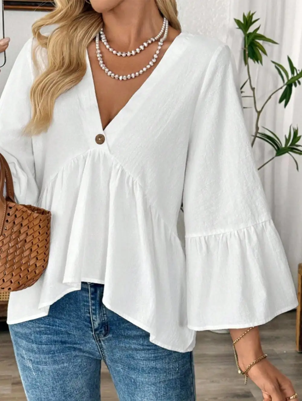 V Neck Ruffle Sleeve Cotton Blouse