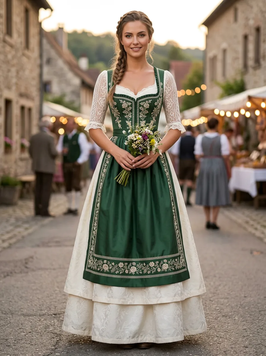 Heritage Floral Embroidered Square Neck Women's Bavarian Oktoberfest Dirndl Dress