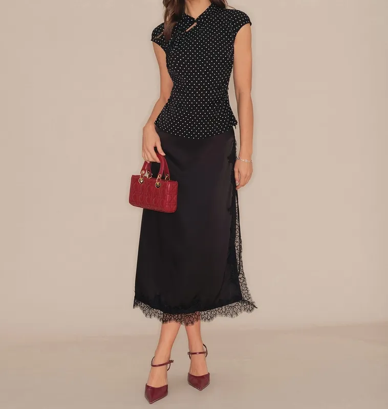 Black Polka Dot Mandarin Collar Tee