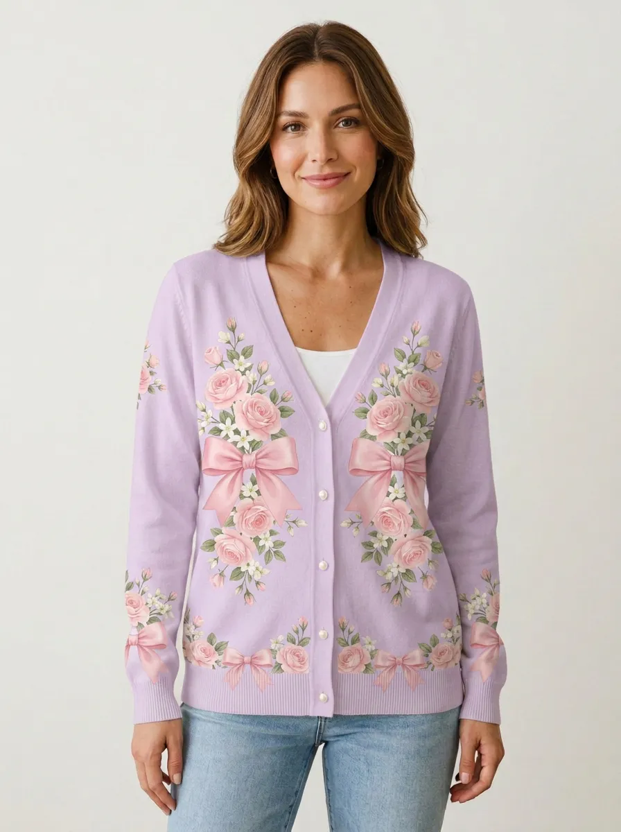 Women's Breast Cancer Awareness Pink Rose Bow Printed Cardigan