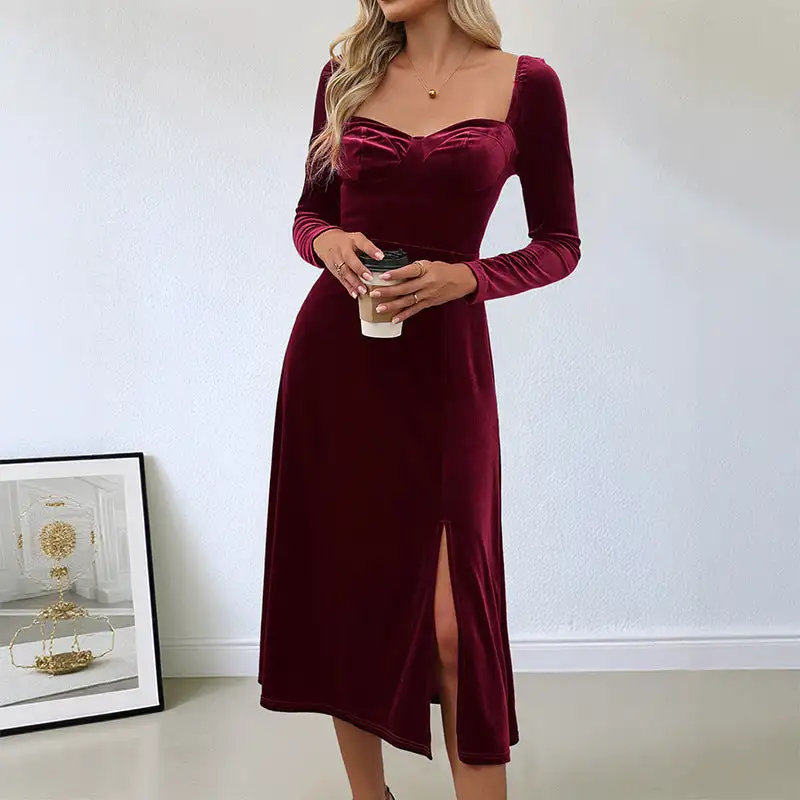 Women's Bodycon Velvet Ruffled Bridal Midi Dress